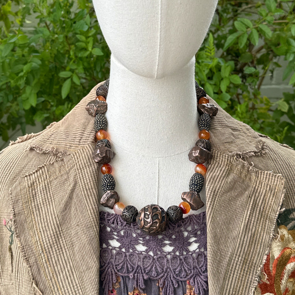 WCJ Antique Bronze Brass & Carnelian Beaded Statement Necklace Double Happiness - Picture 4 of 5